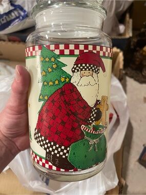 Debbie Mumm Christmas Santa Glass Canister Jar Vintage 1997 9in